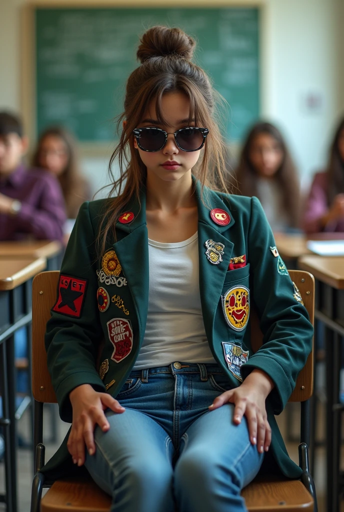 (, sly, arrogant) sits at the back of the classroom. Her school blazer, part of the uniform, is customized with hip-hop motifs – patches, pins, and graffiti-like designs. She's lounging casually on her chair, turned backwards, with her legs stretched out under the desk. Her sunglasses, oversized and reflective, hide her eyes, but her smirk is unmistakable. Her posture exudes swagger