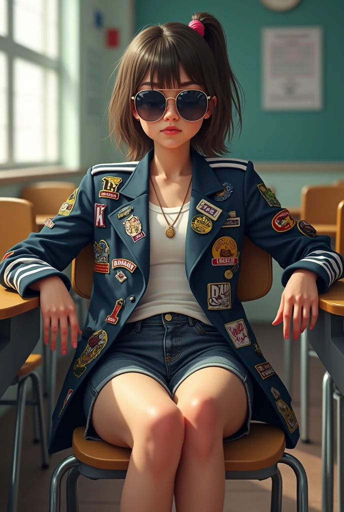 (, sly, arrogant) sits at the back of the classroom. Her school blazer, part of the uniform, is customized with hip-hop motifs – patches, pins, and graffiti-like designs. She's lounging casually on her chair, turned backwards, with her legs stretched out under the desk. Her sunglasses, oversized and reflective, hide her eyes, but her smirk is unmistakable. Her posture exudes swagger