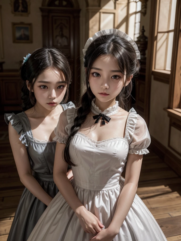 Two girls inside a castle, well lit and beautiful. Maid dressed as a maid with a long old maid dress and black hair tied in a low ponytail, serious and serene expression on Jisoo's face, blackpink jisoo, while hugging or interacting with a princess, long ash blonde hair, Jennie Kim, jennie blackpink, beautiful dress in greyish blue, with flights and ruffles, nice cleavage and big breasts, Serene but shy expression and with a slight sadness of a princess. Girls together, princess and maid, in a room of the castle, some candles.