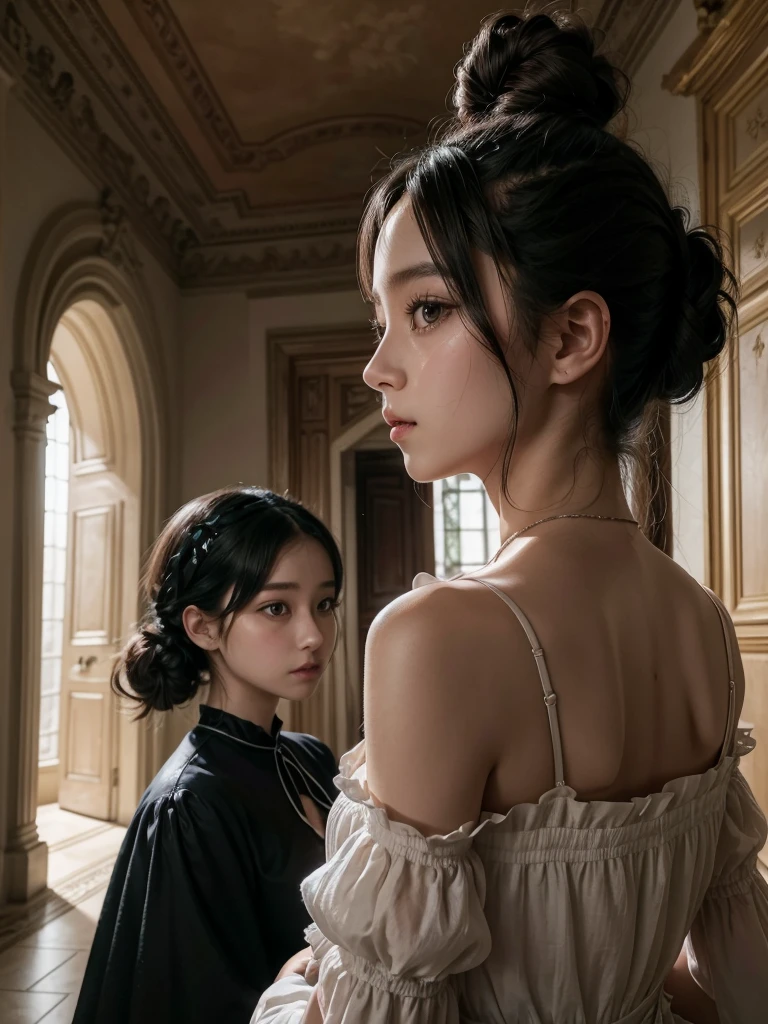 Two girls inside a castle, well lit and beautiful. Maid dressed as a maid with a long old maid dress and black hair tied in a low ponytail, serious and serene expression on Jisoo's face, blackpink jisoo, while hugging or interacting with a princess, long ash blonde hair, Jennie Kim, jennie blackpink, beautiful dress in greyish blue, with flights and ruffles, nice cleavage and big breasts, Serene but shy expression and with a slight sadness of a princess. Girls together, princess and maid, in a room of the castle, some candles.