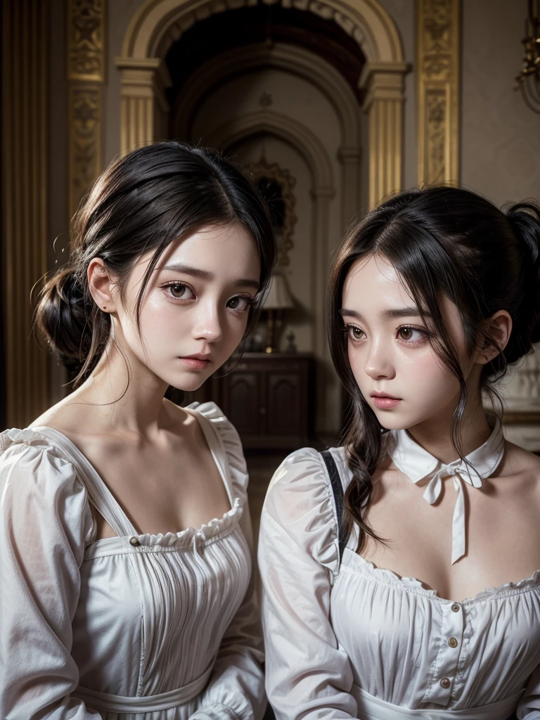 Two girls inside a castle, well lit and beautiful. Maid dressed as a maid with a long old maid dress and black hair tied in a low ponytail, serious and serene expression on Jisoo&#39;s face, blackpink jisoo, while hugging or interacting with a princess, long ash blonde hair, Jennie Kim, jennie blackpink, beautiful dress in greyish blue, with flights and ruffles, nice cleavage and big breasts, Serene but shy expression and with a slight sadness of a princess. Girls together, princess and maid, in a room of the castle, some candles.