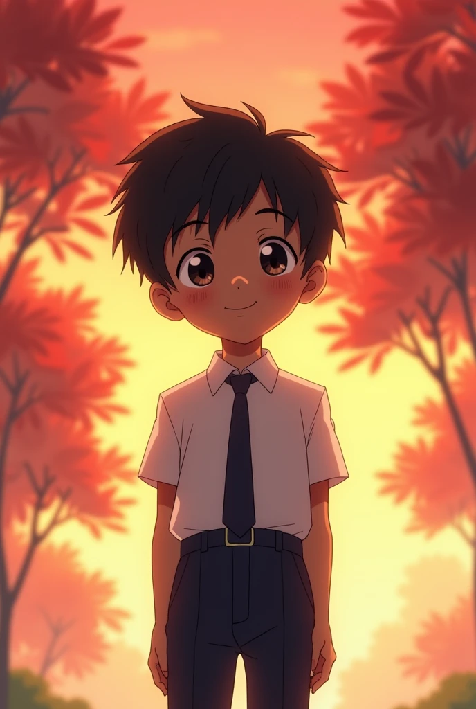 Short hair,Happy shy anime boy ,dark skin colour, wearing formal shirt and pants and tie, background colour was Red and yellow mixed.