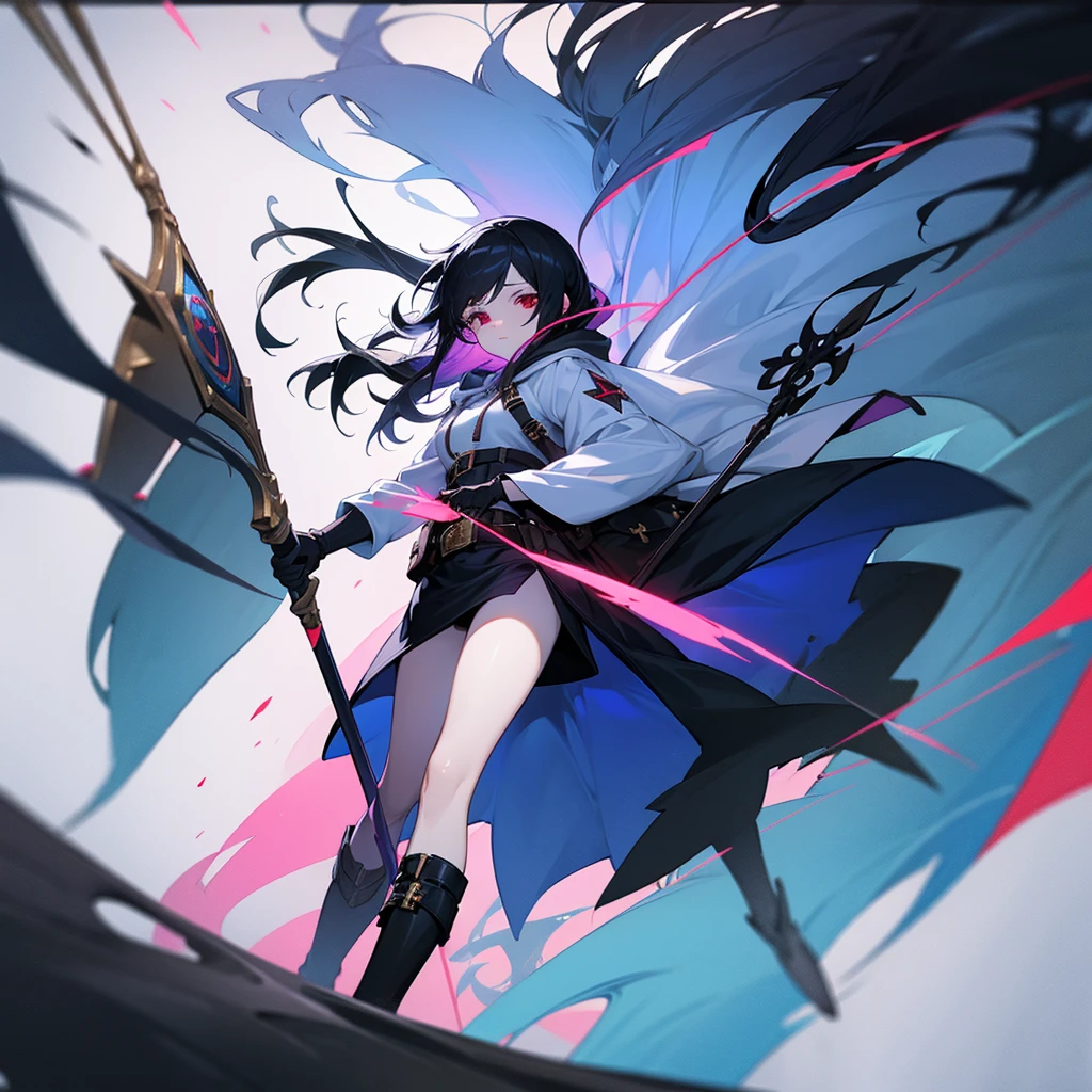 woman, female, delightful, long hair, shiny hair, straight hair, blue accent black hair, red eyes, pale skin, glamorous, hoodie, skirt, hood, gloves, boots, belt, waist pouch, with a staff, wizard, cute, fantasy