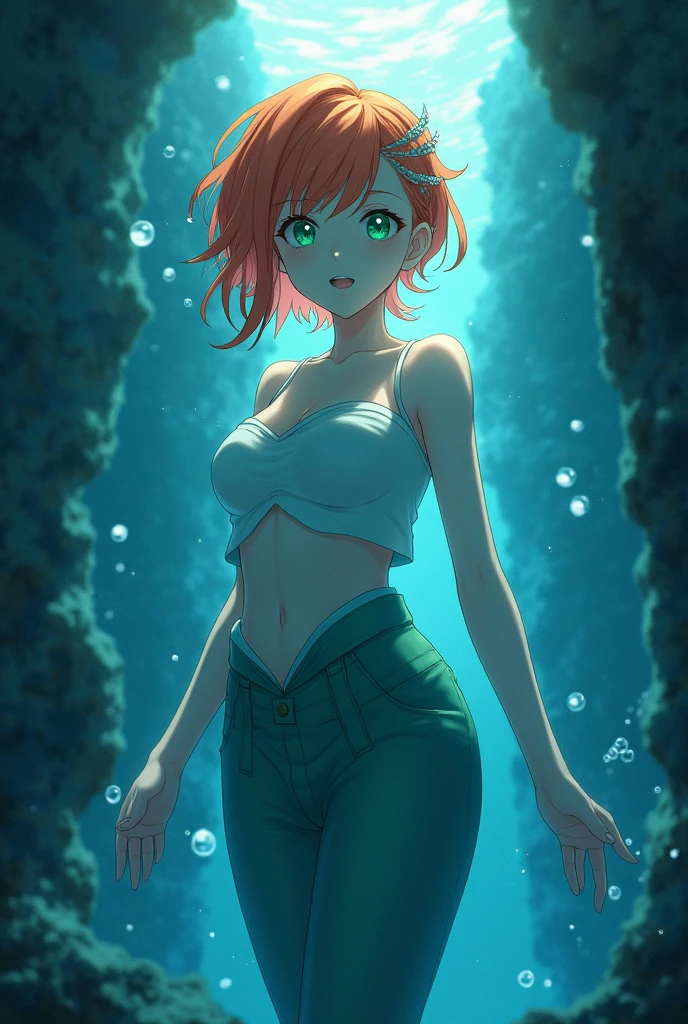Wallpaper,masterpiece,High resolution,8K, anime 
(Misty_Pokemon)(1 18-year-old girl)
(Orange Hair,one side up hair,Big green eyes,Small breasts,Skinny) cute girl, siren
I can feel the spirit in my eyes. ((Amazingly absurd)), Attention to detail, high quality, A sunken ruin, water、Surrounded by bubbles、A world of deep blue、Overall, a work in deep blue tones