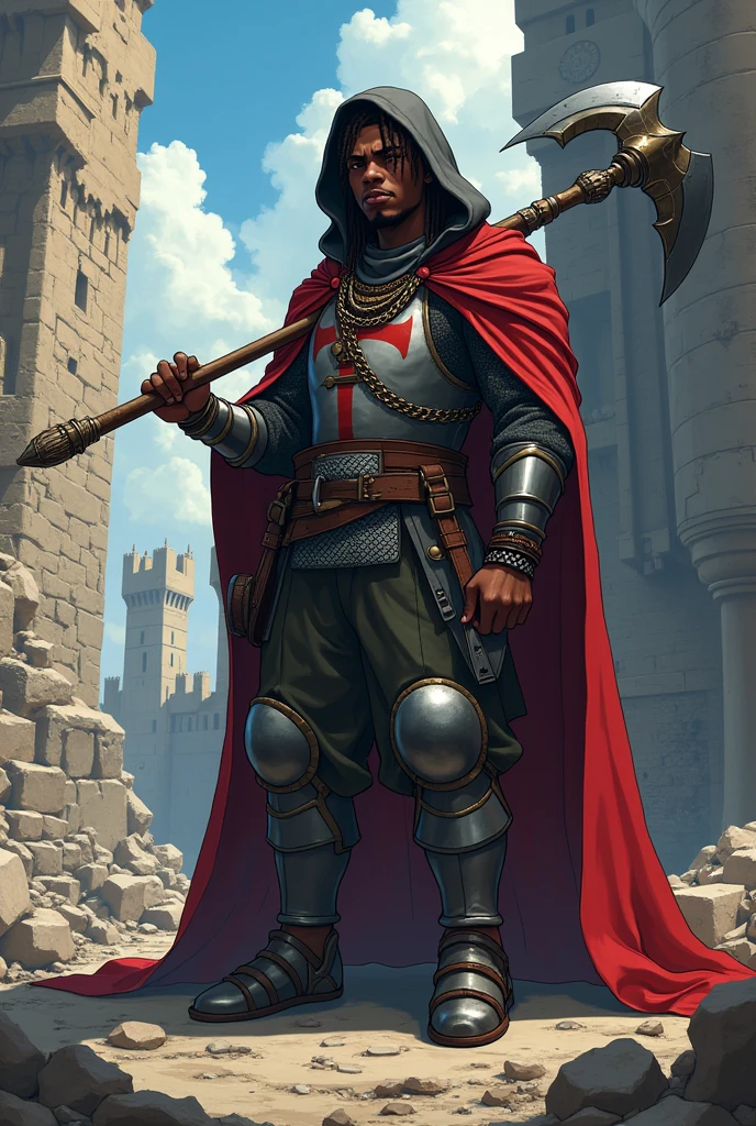 anime pompus brash self important swagger lazy hero african teen shorty male with halberd deadpan diabolical smirk with dreadlocks in chain mail armour hooded armour with red cross choreographed as rapper attitude lounging by crumbled castle walls bricks unpassed by epic battle behind him