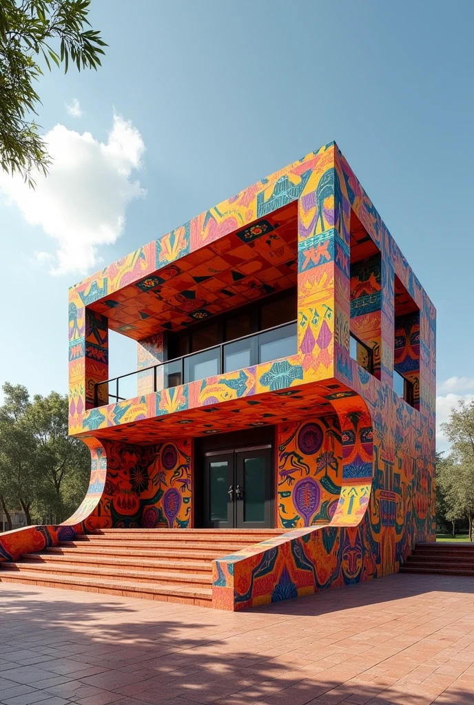 Two-story building inspired by Mamani Mamani art from Cochabamba with functional spatial organization and straight morphology , with wide stands on the outside with ramps for the disabled with a circular base without a point