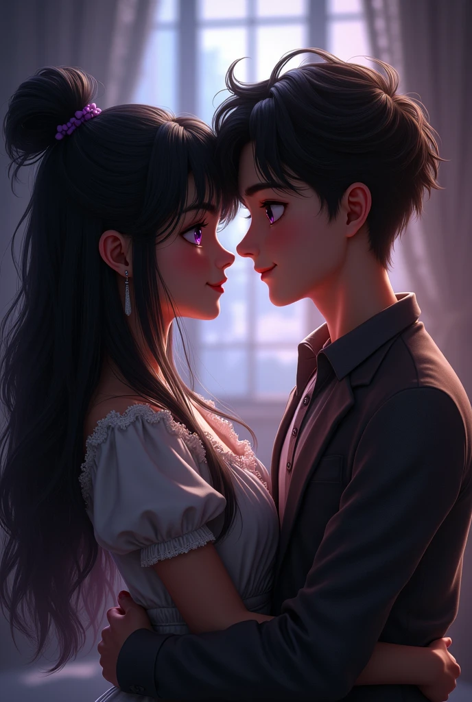 (photorealism:1.2), Happy couple, 1 girl 1 boy, different hair colors, extremely detailed faces, Long black hair with twisted and purple eyes, short dark brown hair and dark gray eyes, face to face, 2, Victorian, (Girl wearing and being hugged), (Boy wearing shirt and smirking), dim light, taller boys, hugging