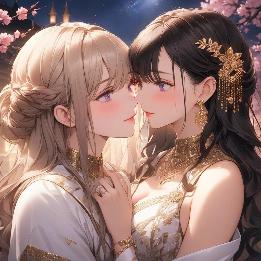 high resolution, details, Masterpiece, Anatomically correct, best quality, 2 Kissed wman , One has long white hair with grey eyes, The other has long light brown hair with purple eyes.., High Quality, couple , Girls love girls...................., Yuri,,A Beautiful Girl, lesbian, lover, luxury, dynasty ,castles.night light. dim lighting. romantic. kiss. Expressions of love . at night. Cherry trees,.large boobs. body plump, Look at each other..... . Embarrassed ,dimlight