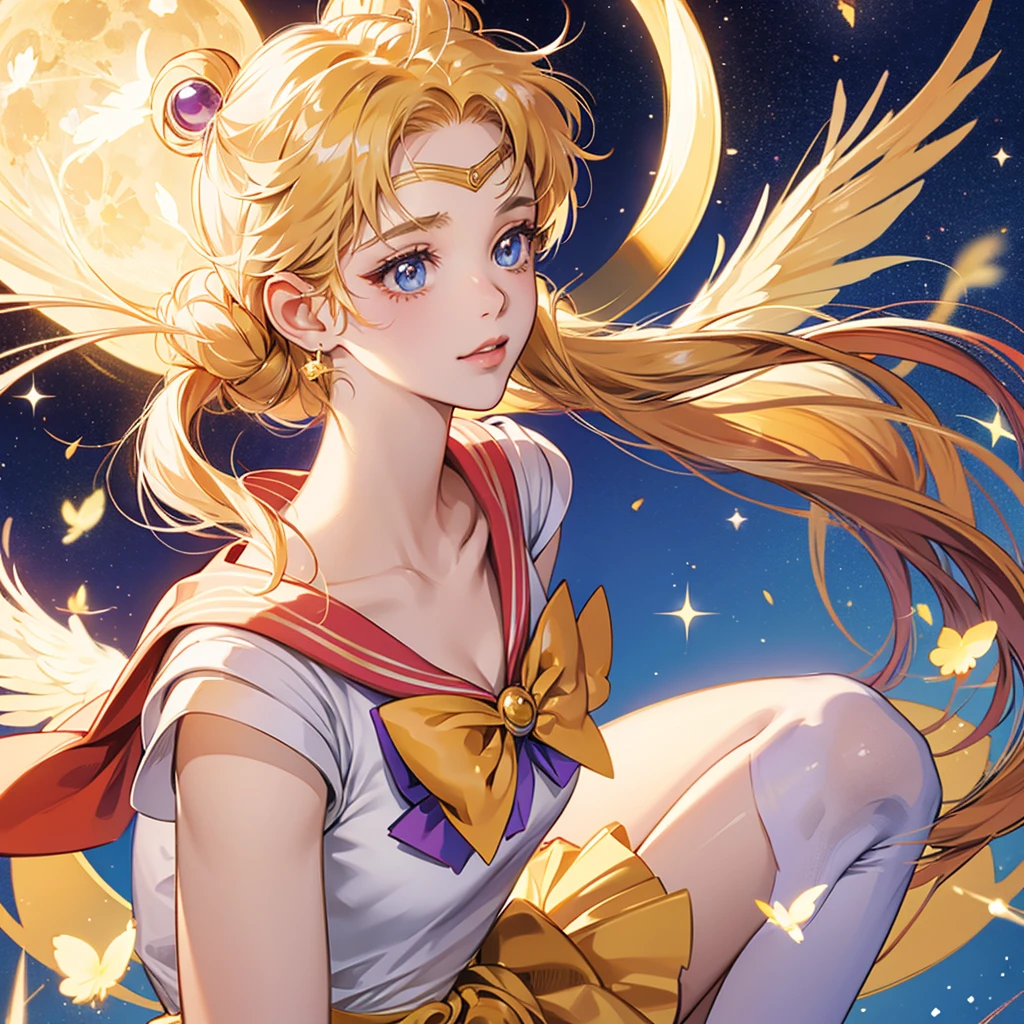 portrait of sailor moon Usagi Tsukino, wings, golden tone, moon, golden sparkle