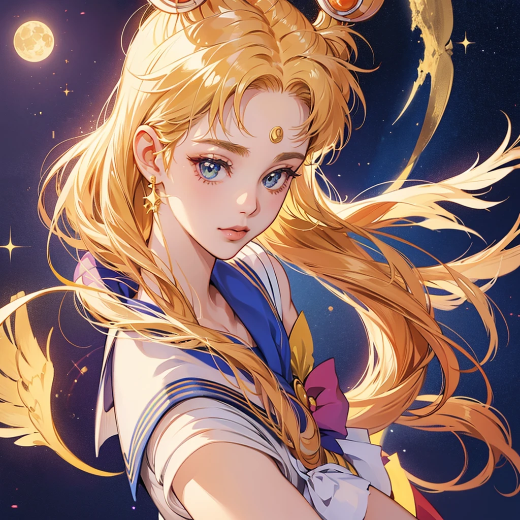 portrait of sailor moon Usagi Tsukino, wings, golden tone, moon, golden sparkle