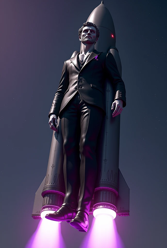 Greek statue dressed in a black suit with purple details on top of a flying rocket