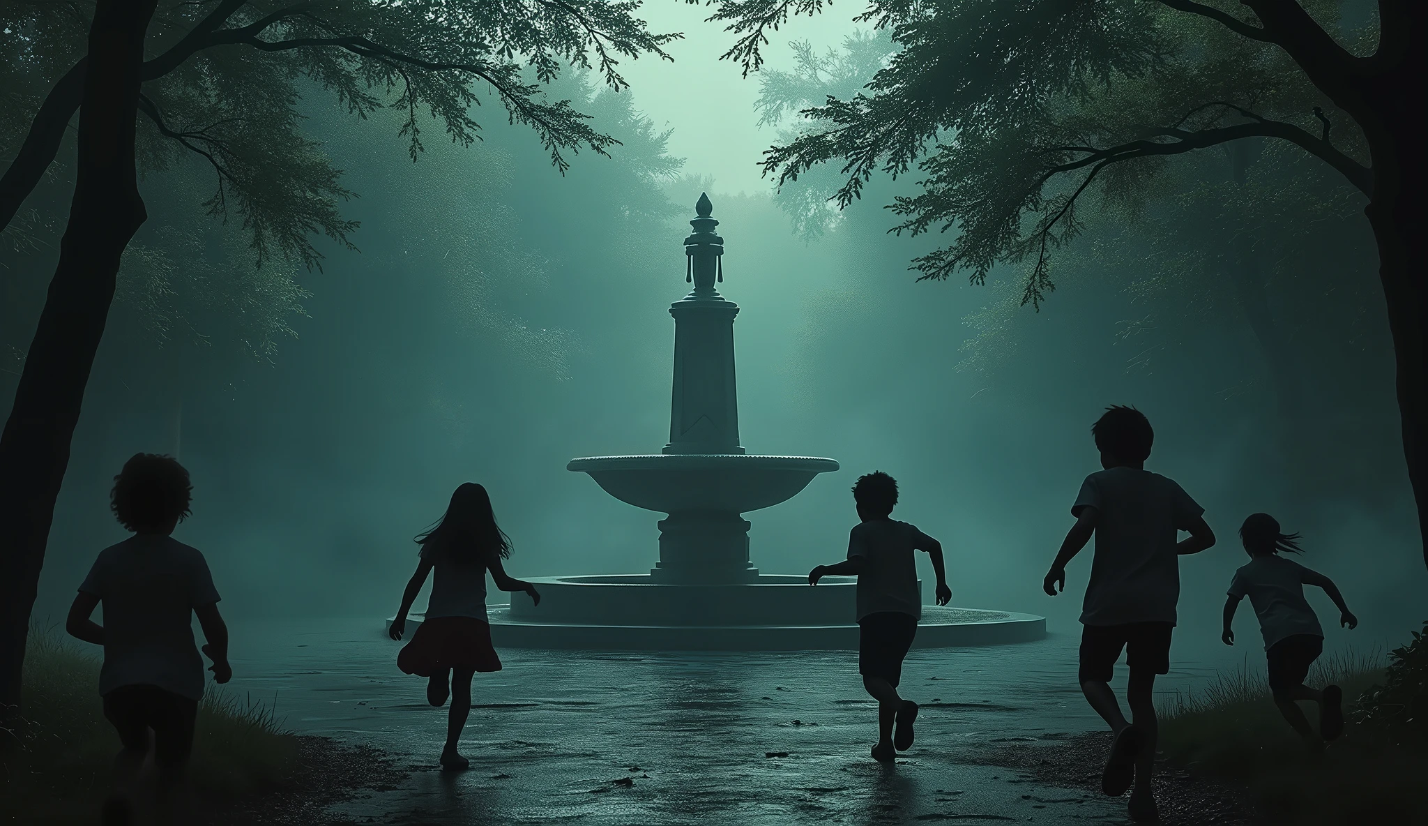 create the realistic HRD image, UHD 8k of a garden with flowers, a Greek style marble fountain in the center, leafy trees, movie lighting, distress and dark atmosphere, horrible shadows, running children, fear, tilt view. Horizon 30° degrees.