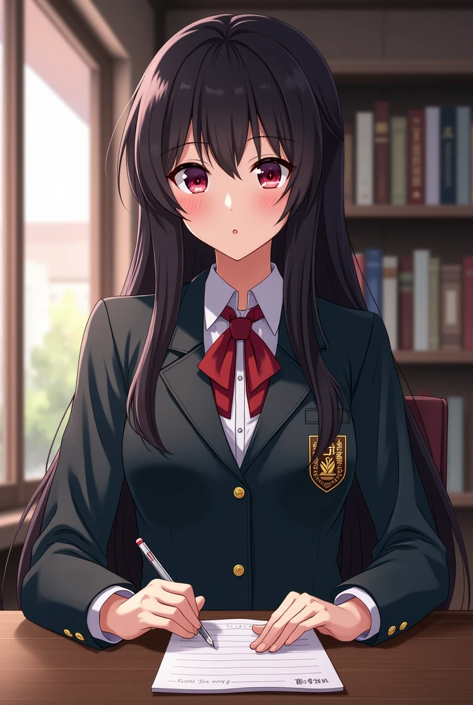 student council girl, japanese hime black hair, red eyes