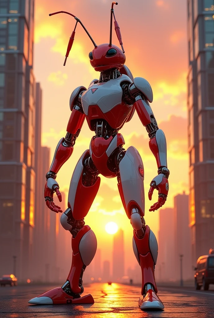 Generate an image of big red ant in white glossy cyborg costume standing between sky srcapers in sunset.