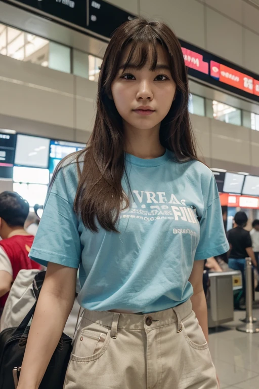realistic photos of Korean female, crossed bangs, slightly smile, t-shirt, in the airport, pov, Eye-Level Shot, blurry, UHD, masterpiece, highres, 16k  