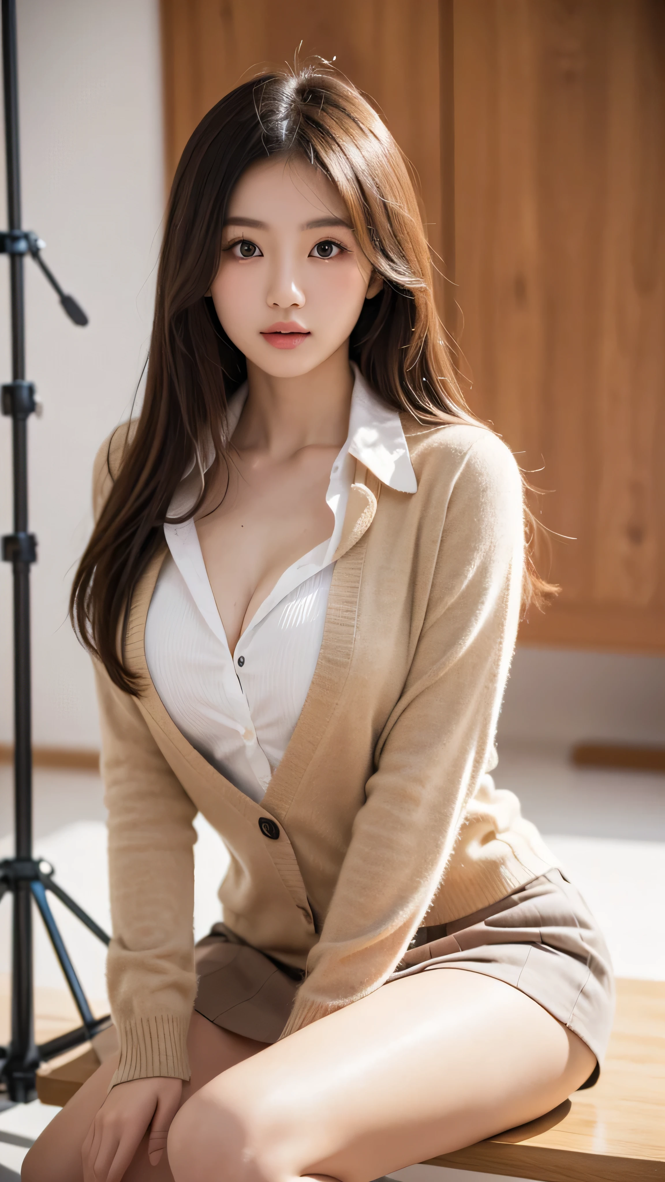(masterpiece, best quality:1.2), japanese beautiful girl, light blonde long messy hair, highly detailed, naturally beautiful breasts, highres, 1girl, ((wear unbuttoned school uniform)), in photo studio, random seductive pose