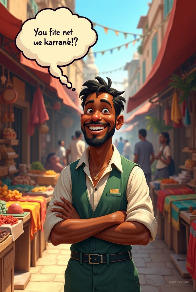 Prompt d’image : Le marchand noire souriant, with a speech bubble saying “He might be on strike !”