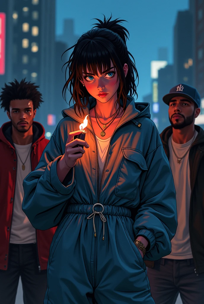 80s anime dark gritty bleak action shot of westside girl female rapper in baggy loose long jumpsuit lighting lighter with her rap crew smug annoyed react swagger she looks off into the distance