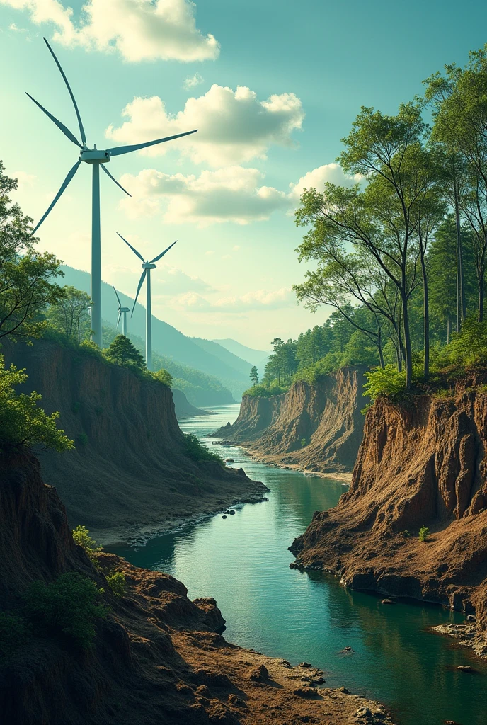 Image: A split image showing green technology (like solar panels) on one side and environmental degradation (like deforestation) on the other.