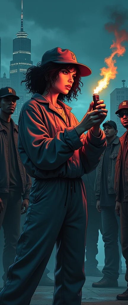 80s anime dark gritty bleak action shot of westside girl female rapper in baggy loose long jumpsuit lighting lighter with her rap crew smug annoyed react swagger she looks off into the distance