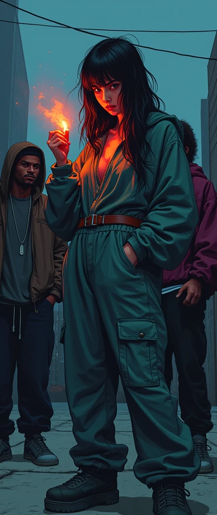 80s anime dark gritty bleak action shot of westside girl female rapper in baggy loose long jumpsuit lighting lighter with her rap crew smug annoyed react swagger she looks off into the distance