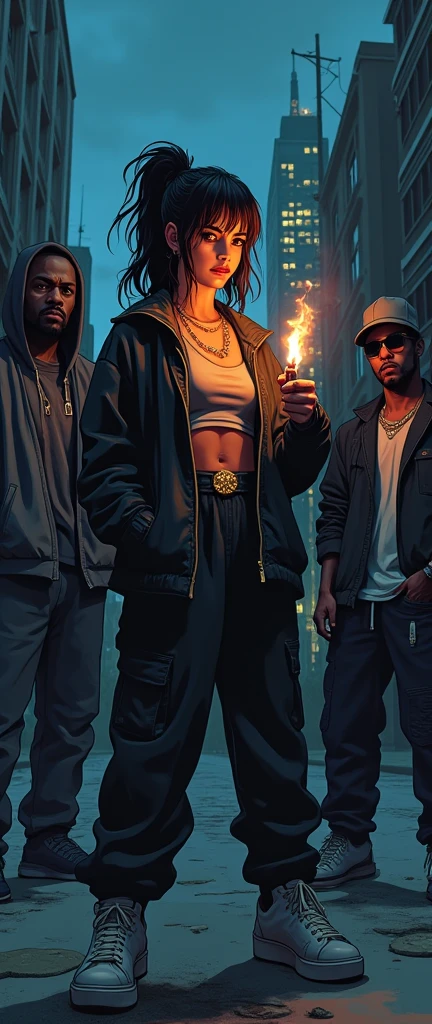 80s anime dark gritty bleak action shot of westside girl female rapper in baggy loose long jumpsuit lighting lighter with her rap crew smug annoyed react swagger she looks off into the distance