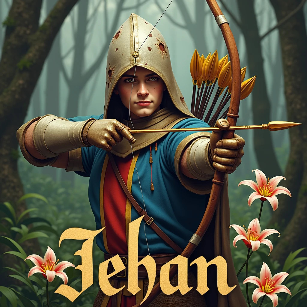 A poster depicting an archer, bending a bow, with a quiver full of arrows. wearing light armor and damaged, archer hat, gloves, very battle-damaged, blue and red coat of arms and thin vertical yellow sword painted upwards between 2lily flowers, . He has pale skin, sneaky face. (He's in a forest with the words "Jehan" written in large golden letters in the foreground).
