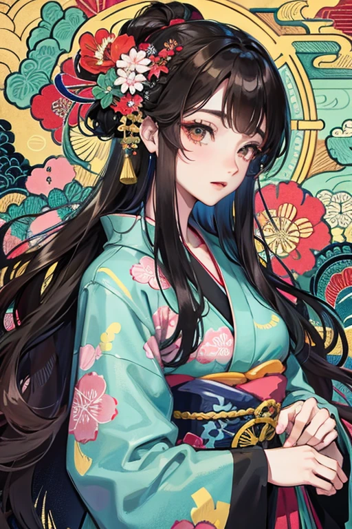 A beautiful woman in a kimono shows her white teeth、Vividly colored Japanese Ukiyo-e style illustrations、SeaArt creates stunning illustrations of beautiful women in kimono、Brown-black long hair、Full Body Style、Beautiful digital illustrations,、Beautiful digital painting, Anime CG art, Detailed digital anime art,  Beautiful anime portraits