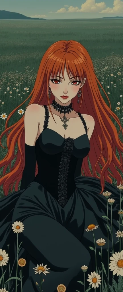 80s anime grainy de-saturated serious tone, a ginger pale goth regel queen, in one piece corset dress. leather gloves, charm lounging outside a dark darkfield, open field touching causing withering flowers manner hall