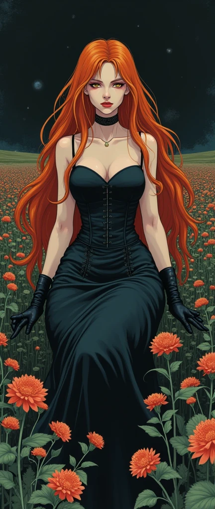 80s anime grainy de-saturated serious tone, a ginger pale goth regel queen, in one piece corset dress. leather gloves, charm lounging outside a dark darkfield, open field touching causing withering flowers manner hall
