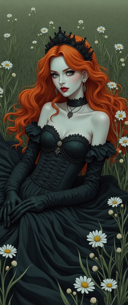 80s anime grainy de-saturated serious tone, a ginger pale goth regel queen, in one piece corset dress. leather gloves, charm lounging outside a dark darkfield, open field touching causing withering flowers manner hall