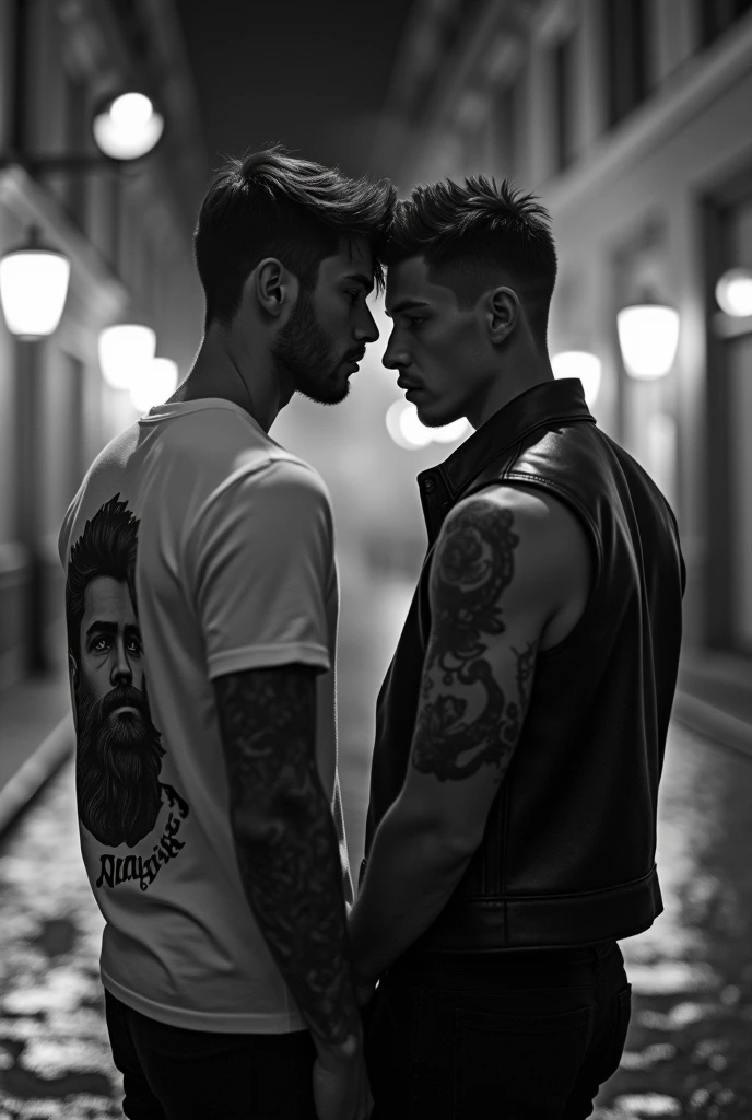 The protagonist's close-up multi-angle shooting.Midnight, street in Rome, two handsome young Italians, short hair, gay art, one wears a shirt with a beard on the back, the other wears a leather vest with tattoos, ambiguous atmosphere, film texture, ground reflection, romantic background scattering 1.8 HD 8k real photos! Sex. Chest muscles! Chest hair! ((Monochrome)), ((grayscale)),tattoo. white hair Smoke, movie feeling! Movie lights! Award-winning poster Ambiguous and teasing Stand separately, one person stands aside, and the other is smoking.