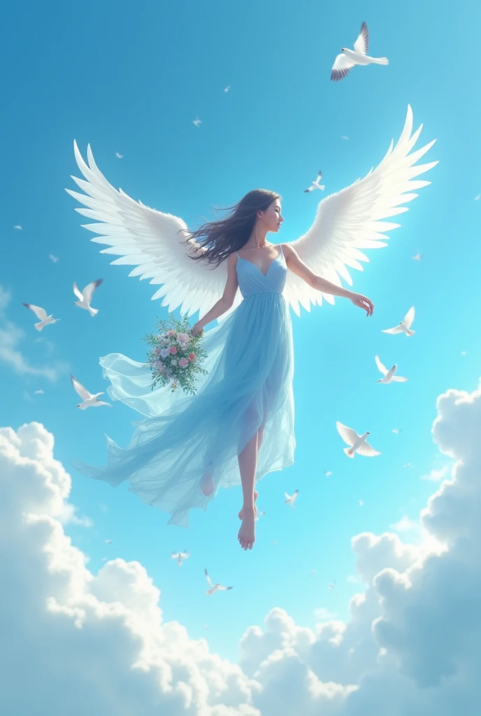 A girl flying in the sky.the age of the girl will be 25-27.She has sky colour wings.she is wearing a sky and white combination dress.she has flower in her hands.the sky has white clouds.some birds are flying with the girl.the image should look realistic that it seems like a view from ground