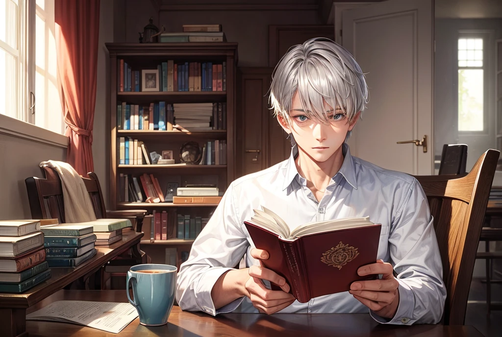 A man with short silver hair and slanted eyes is reading a book alone