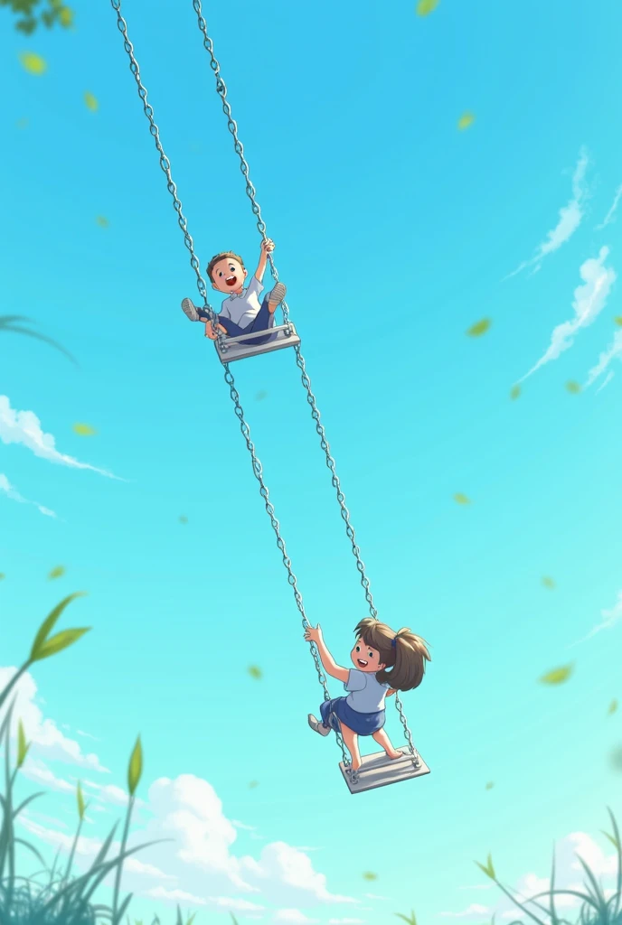 Swinging high into the sky, long chains of swings, blue sky,
