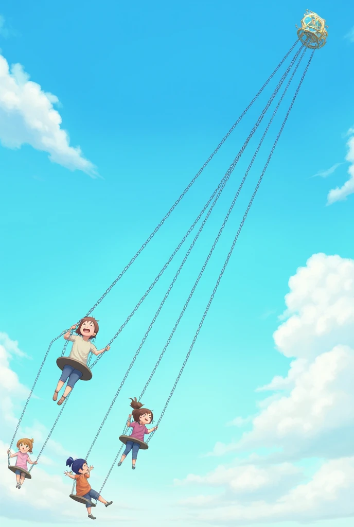 Swinging high into the sky, long chains of swings, blue sky,
