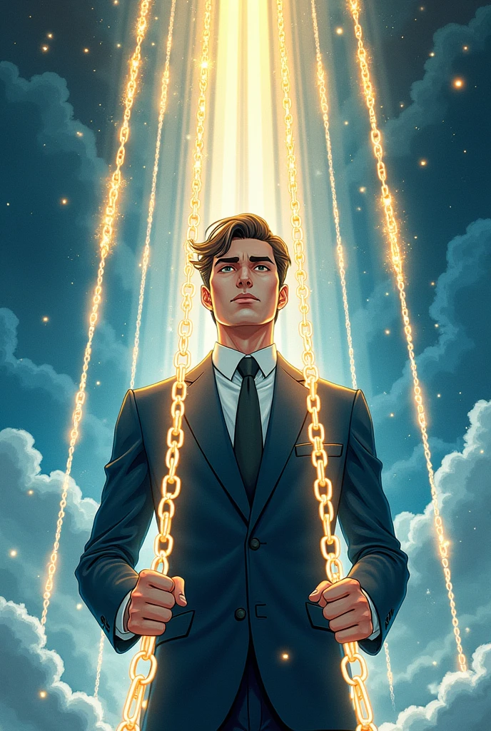 watercolor anime comic art, Clyde Caldwell art of a groom in his wedding day held by a chain to his bride, with radiant chains, divine chains, links of the chain glow, cinematic light, High Detail, Ultra High Quality, High Resolution, 16K Resolution, Ultra HD Pictures, 3D rendering Ultra Realistic, Clear Details, Realistic Detail, Ultra High Definition,