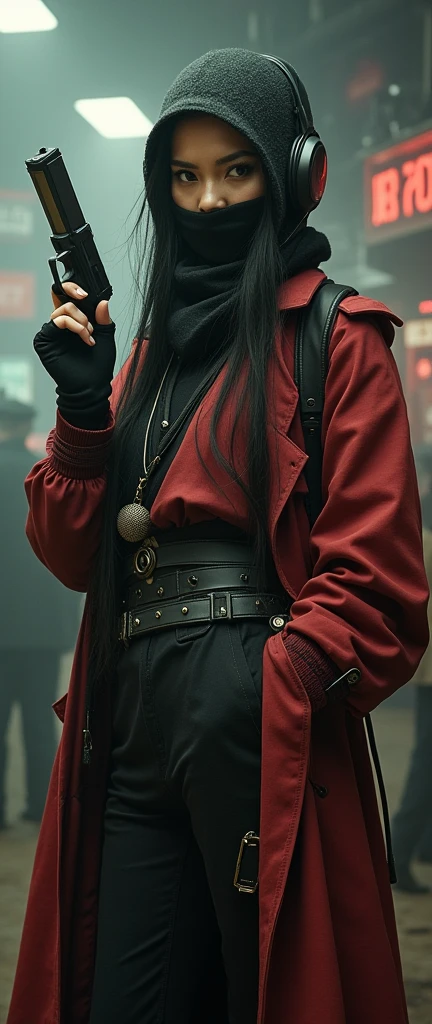 BBC radio one victorian era superior egotistical sovereign fashinable asian female deadpan anoyance with asian eylashes and black eye liner an attitue vengance she adorn with loose shirt hip hop scarf balaclavas in radio mic in studio absolute disrespect gun gestures on