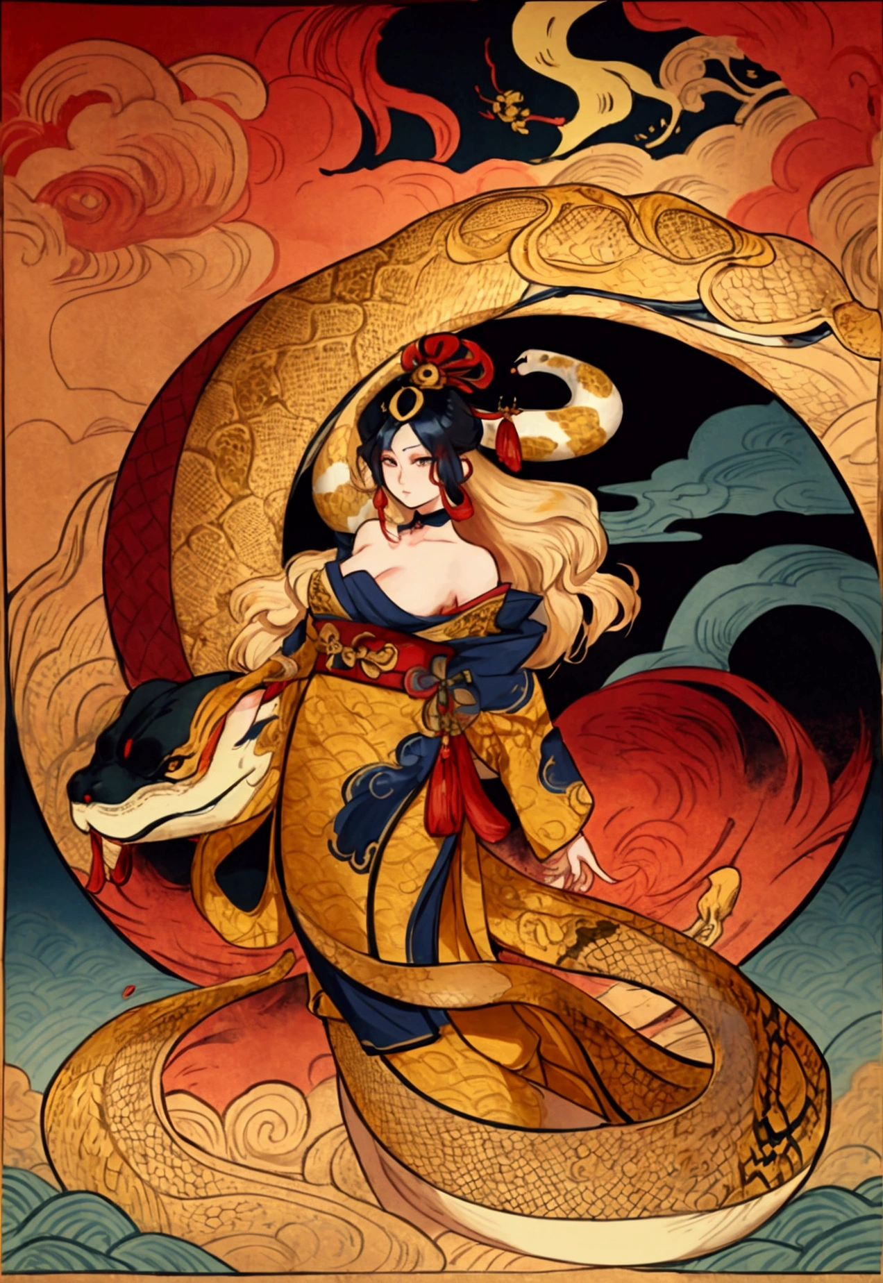 The ukiyo-e lines of the golden waves combine with the appearance of the snake,Chinese style