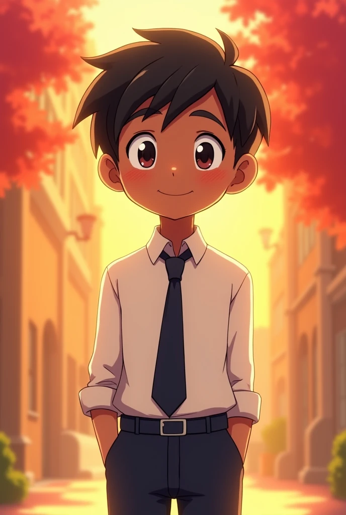 Happy shy anime boy ,dark skin colour, wearing formal shirt and pants and tie, background colour was Red and yellow mixed.