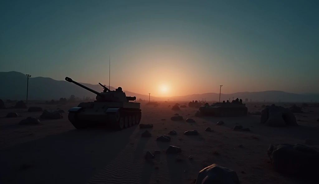 A highly realistic, high-contrast, 8K HD, detailed, hyper-detailed image of a desolate battlefield in the desert as dawn begins to break. The scene is focused on the sky, with the first light of day illuminating the horizon, casting a soft glow over the harsh and barren landscape. The night is slowly giving way to morning, with the sky transitioning from deep blue to shades of orange and pink. The remnants of battle are silhouetted against the rising sun, and the atmosphere is filled with a sense of quiet and reflection. The image captures the beauty and stillness of the dawn, highlighting the contrast between the dark night and the emerging light. The scene is of the highest quality, with ultra-high resolution, RAW photo quality, and Unreal Engine rendering, portraying the serene yet haunting transition from night to day over the deserted battlefield.