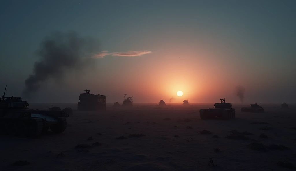 A highly realistic, high-contrast, 8K HD, detailed, hyper-detailed image of a desolate battlefield in the desert as dawn begins to break. The scene is focused on the sky, with the first light of day illuminating the horizon, casting a soft glow over the harsh and barren landscape. The night is slowly giving way to morning, with the sky transitioning from deep blue to shades of orange and pink. The remnants of battle are silhouetted against the rising sun, and the atmosphere is filled with a sense of quiet and reflection. The image captures the beauty and stillness of the dawn, highlighting the contrast between the dark night and the emerging light. The scene is of the highest quality, with ultra-high resolution, RAW photo quality, and Unreal Engine rendering, portraying the serene yet haunting transition from night to day over the deserted battlefield.