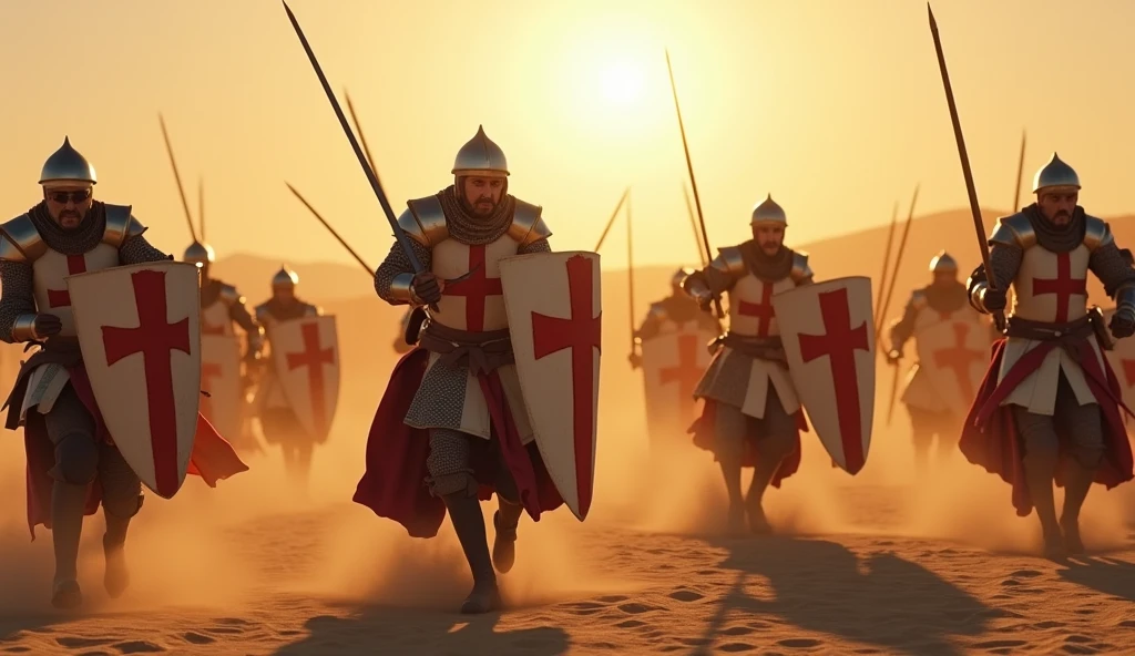 A highly realistic, high-contrast, 8K HD, detailed, hyper-detailed image of Crusader knights clad in steel armor with red crosses on their tunics, fiercely overwhelming their enemies with swords in a desert setting. The knights are shown with intense determination as they strike down their foes, their swords glinting in the harsh sunlight. The desert landscape around them is vast, with dunes and a blazing sun casting long shadows. The scene captures the raw power and bravery of the Crusaders as they dominate the battlefield, with the sand beneath them kicked up by the force of their movements. The image is of the highest quality, with ultra-high resolution, RAW photo quality, and Unreal Engine rendering, portraying the epic and fierce battle under the scorching desert sun.