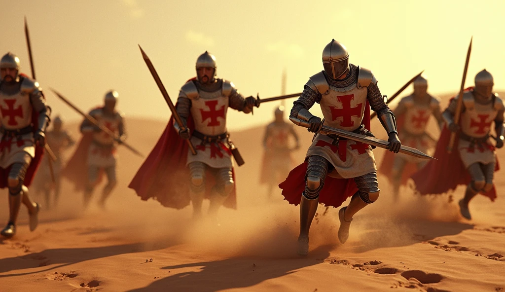 A highly realistic, high-contrast, 8K HD, detailed, hyper-detailed image of Crusader knights clad in steel armor with red crosses on their tunics, fiercely overwhelming their enemies with swords in a desert setting. The knights are shown with intense determination as they strike down their foes, their swords glinting in the harsh sunlight. The desert landscape around them is vast, with dunes and a blazing sun casting long shadows. The scene captures the raw power and bravery of the Crusaders as they dominate the battlefield, with the sand beneath them kicked up by the force of their movements. The image is of the highest quality, with ultra-high resolution, RAW photo quality, and Unreal Engine rendering, portraying the epic and fierce battle under the scorching desert sun.
