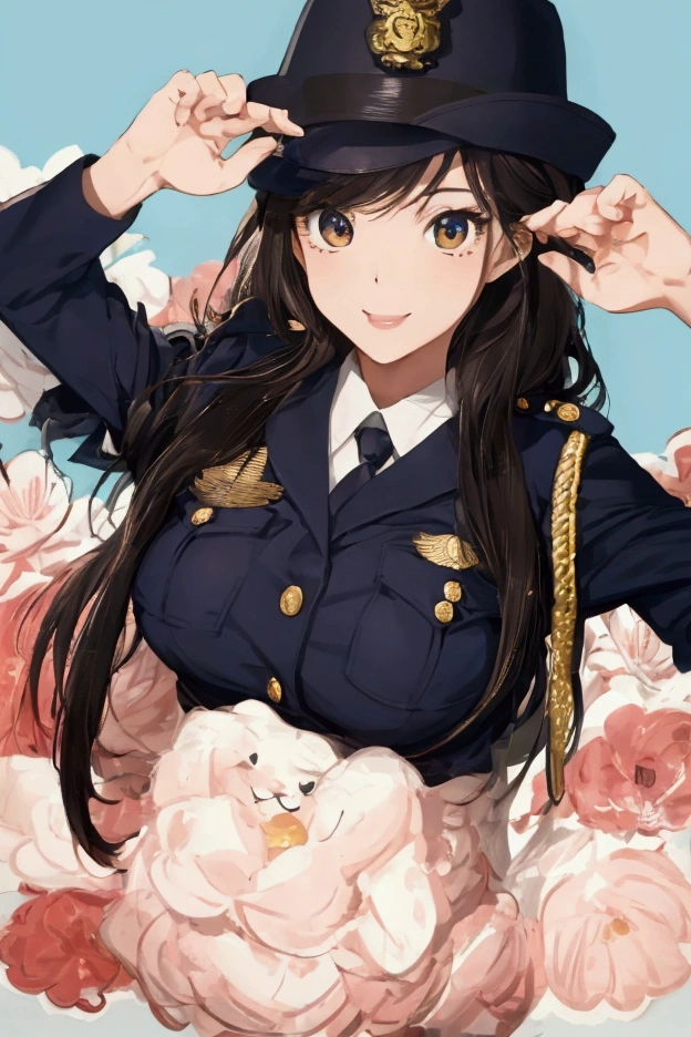 (ultra highres、ultra quality、Masterpiece、8k、5 fingers、),A girl with light hair drawn in high resolution policewoman.japannse police woman、Young and cute 、Asian woman,s hot, Japanese Model, Cute Core, , Chubby、wear a hat 、big breast