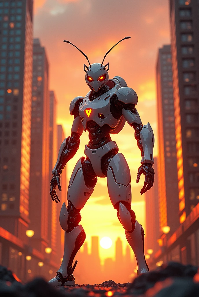 Generate an image of big red ant in white glossy cyborg costume standing between sky srcapers in sunset and fighing the enemies.