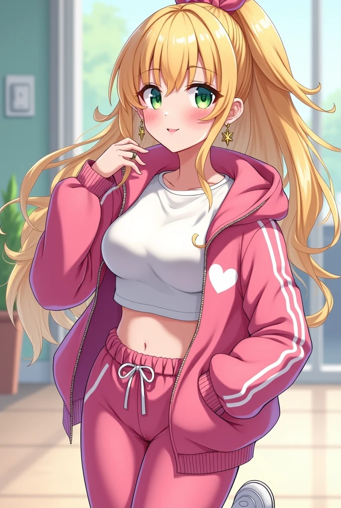 19-year-old fantasy anime woman with gold earrings, gold and silver ring on her finger. A set of pink jacket and pants with white lines and a heart pattern on the jacket, D-cup breasts and balanced body, simple and shiny white t-shirt under the jacket, shiny green eyes, beautiful and kind face, golden hair. White sports shoes. Excited with a blushed face