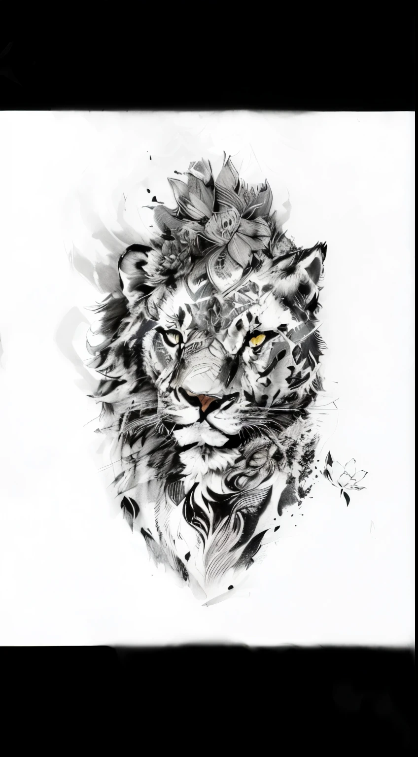 Drawing of a cat with a flower on its head, Detailed ink painting, Ink works, tattoo sketch, Ink illustration, detailed Ink illustration, Black and white detailed sketch, pen and Ink illustration, tattoo design sketch, intricate Ink illustration, Ink Painting, elaborate Ink illustration, medium sized tattoo sketch, masterpiece Ink illustration, half lion, Ink Sketch, bold intricate Ink illustration