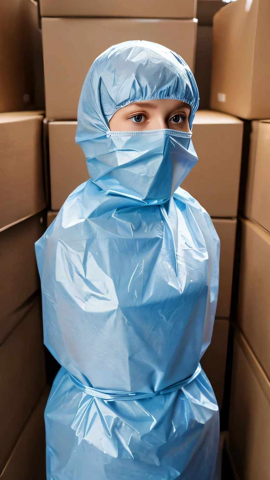 a faceless caucasian adult blond female figure completely wrapped up from head to toe in blue plastic garbage bags is tightly tied up with rope wrapped around her like a helpless living mummy, she is completely covered with plastic, she is squeezed inside a carboard box, forced against her will, bright day, extremely photorealistic photo, highly detailed photo, portrait
