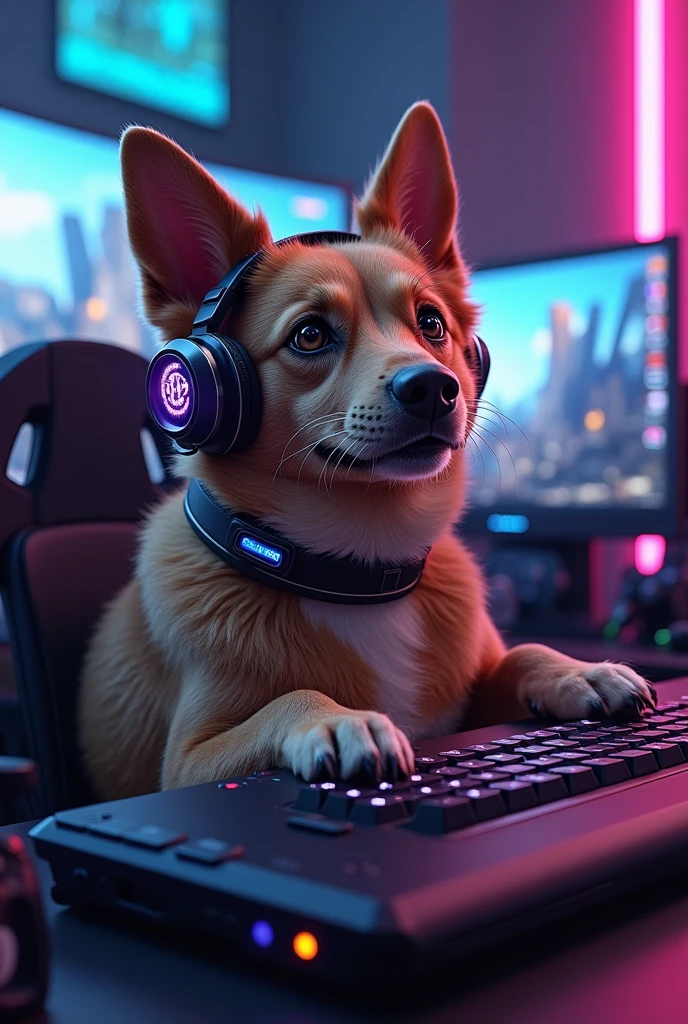 A dog Gamer with head phone and neck change with name of 007ROCKY69 WITH GAMING SET UP